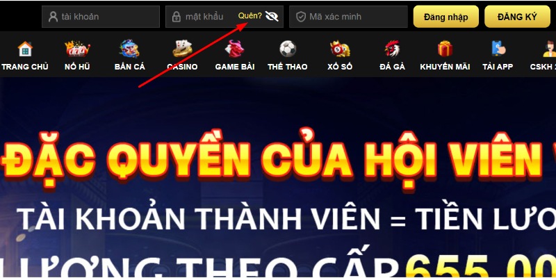 Mục quên mật khẩu hiển thị ngay trên trang chủ