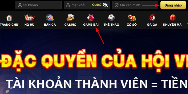 Các mục “đăng nhập” và “game bài” luôn hiển thị nổi bật trên trang chủ